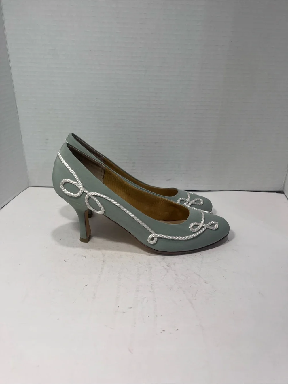 Seafoam Rope-Trim Mid Heel Pumps